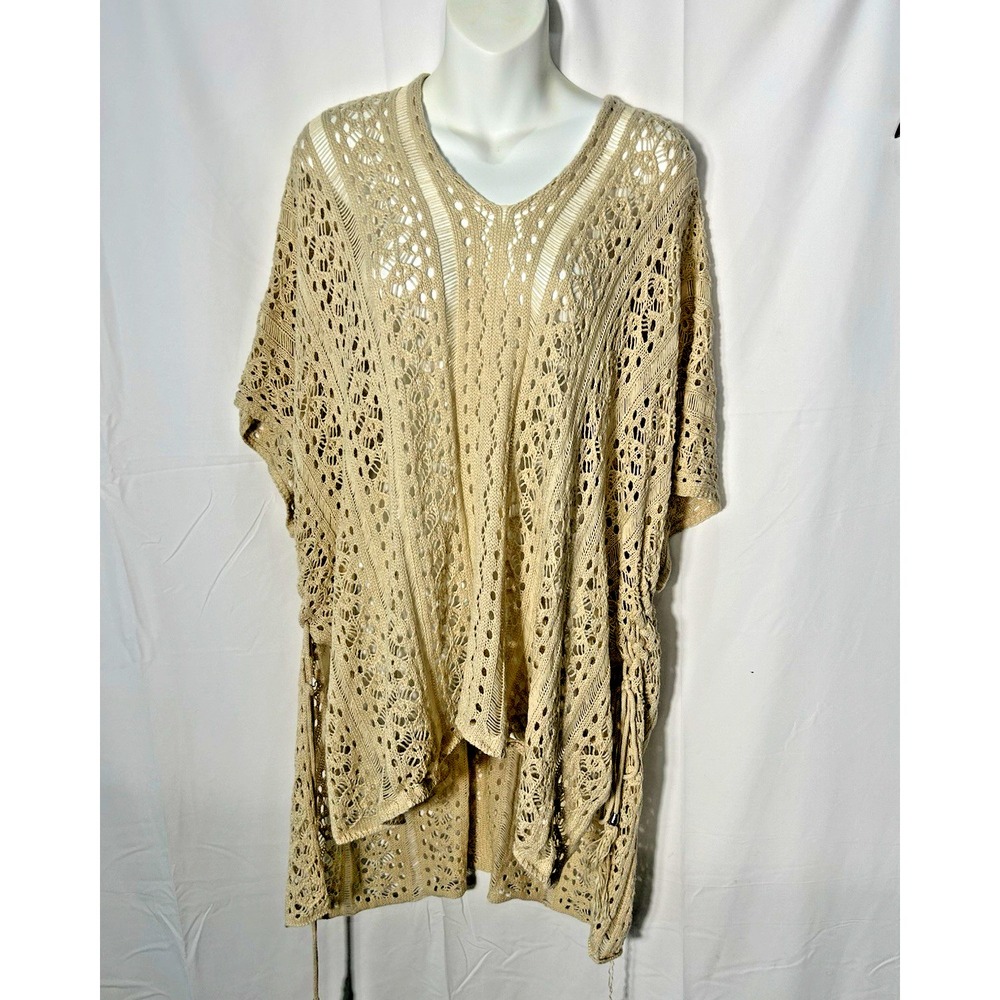 Womens Open Knit Crochet Poncho Top Ivory Coastal Beach Fairy Boho Festival OS